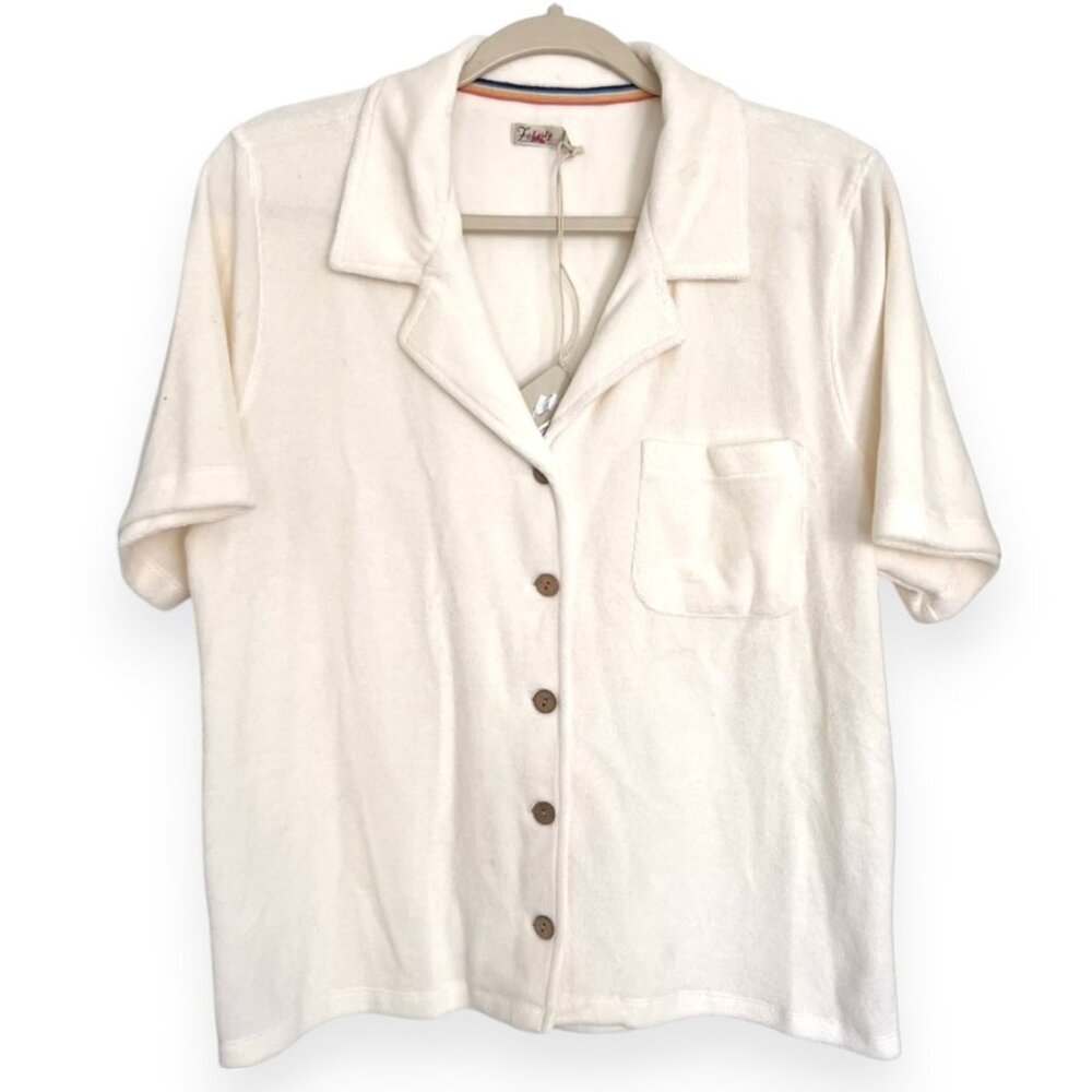 NWT Faherty Cabana Terry Towel Button Up Short Sleeve Top Oyster White large